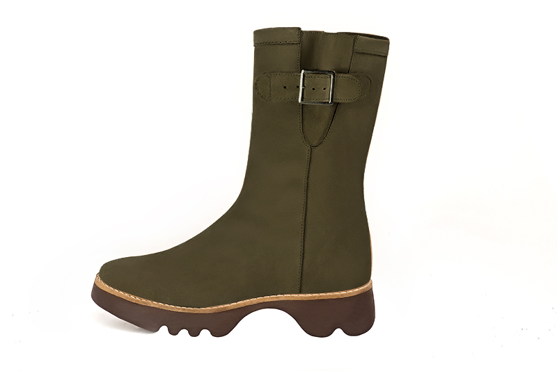 Khaki green women's ankle boots with a zip on the inside.. Profile view - Florence KOOIJMAN